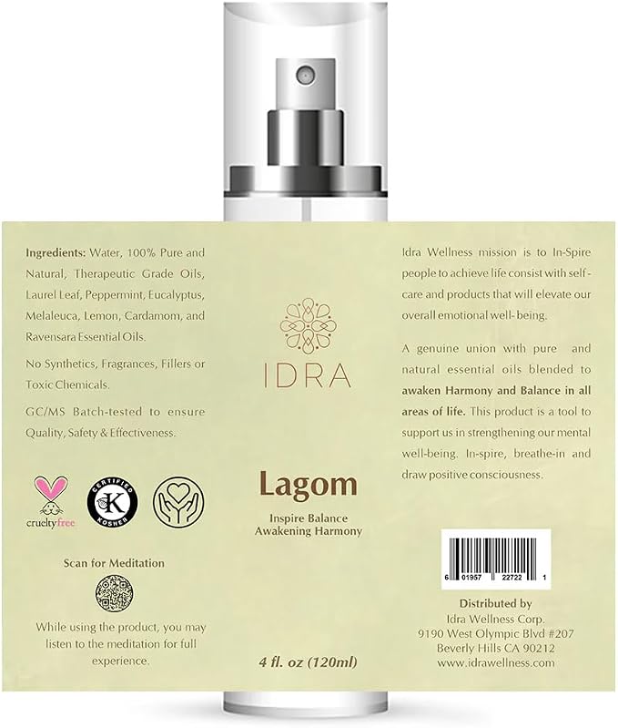 IDRA Lagom Essential Oil Blend for Home Diffusers Aromatherapy and Humidifiers 120ML by Idra Wellness Diffuser with Laurel Leaf Peppermint Lemon 4 Fl Oz