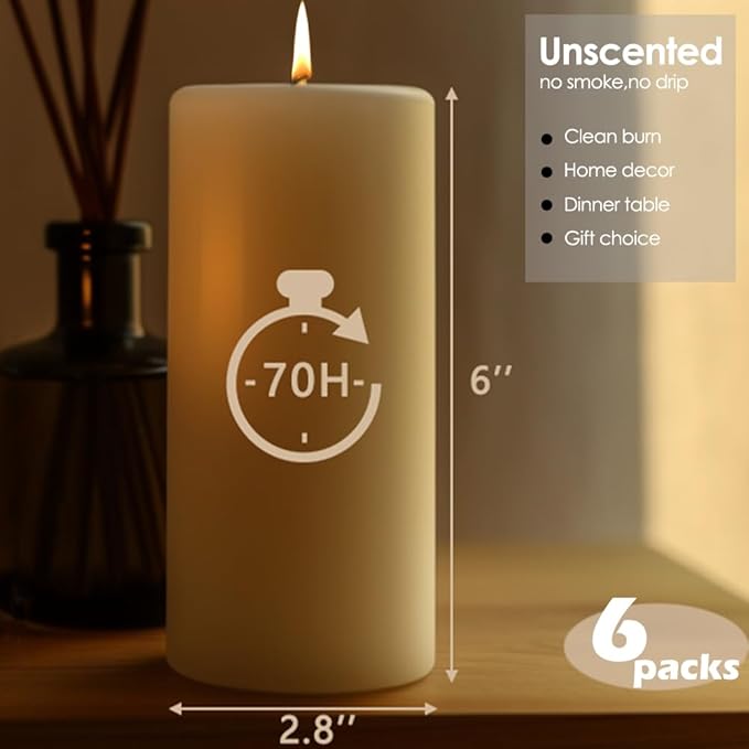 Unscented Ivory Pillar Candles, 6 Packs, 2.8x6 Inch, 75 Long Burning Time, Dripless and Smokeless Dinner Table Pillar Candles for Wedding, Spa, Aromatherapy, Party