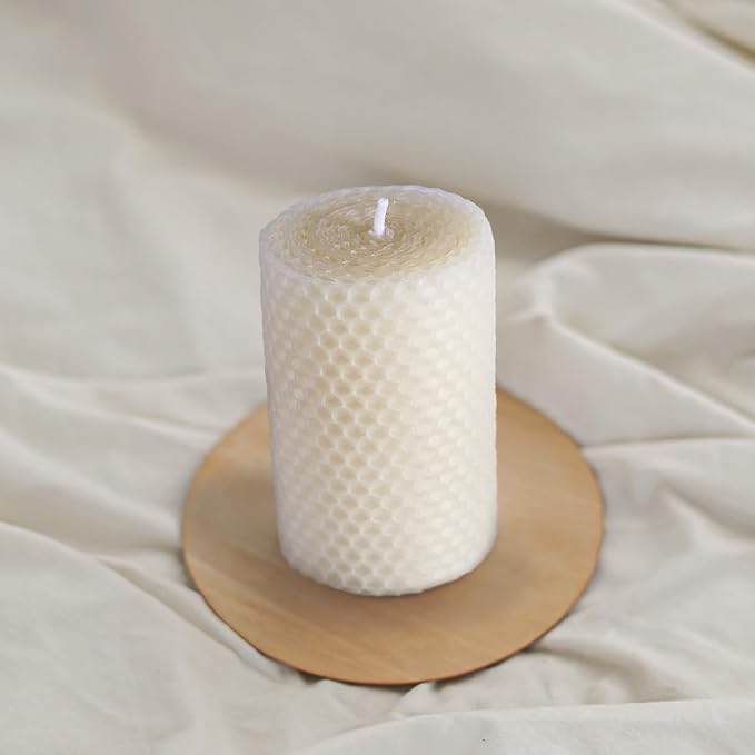 DEYBBY Cream White Beeswax Honeycomb Rolled Pillar Candles Set of 3 - Handmade Pure Organic Bees Wax Candles for Home Study Decor Housewarming Gift (2×3.3 in)