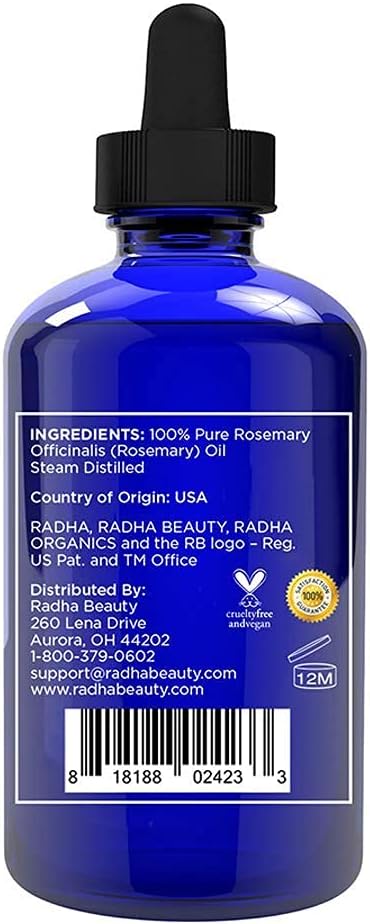 Radha Beauty - 4 oz. Rosemary Essential Oil - 100% Pure Therapeutic Grade, Steam Distilled for Aromatherapy, Relaxation, Scalp, Healthy Hair Growth, Dry Skin, DIY Essential Oil