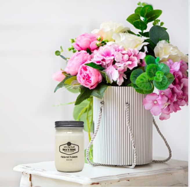 Nika's Home Fresh Cut Flowers Soy Candle - 12oz Mason Jar - Non-Toxic - Hand Poured in The USA, Long Burning 50-60 Hours Highly Scented All Natural, Clean Burning