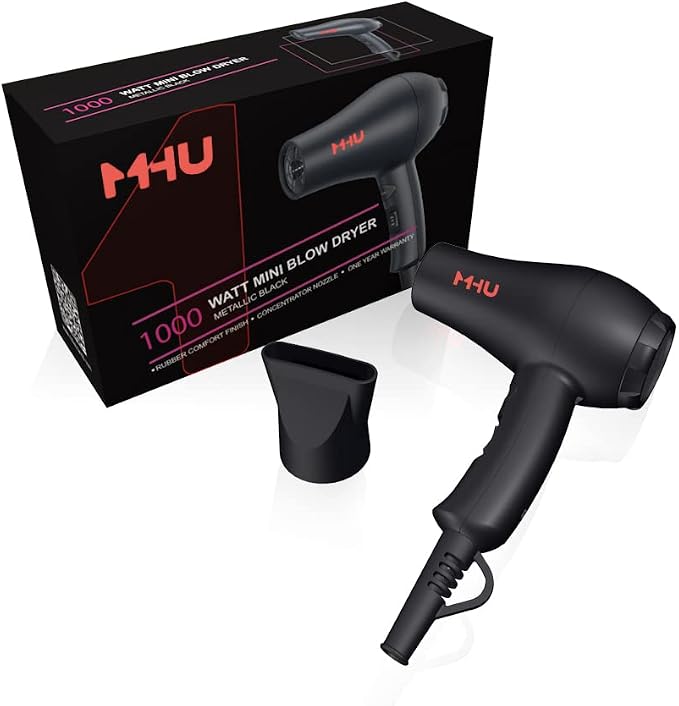 Travel Mini Hair Dryer Ceramic Ionic 1000 Watts Blow Dryer for RV Lightweight 2 Speed Settings with a Concentrator, Black