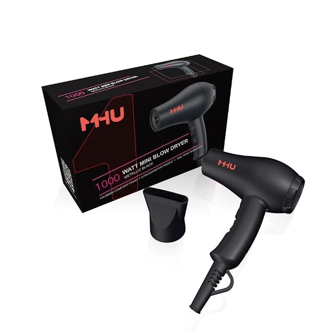 Professional Mini Travel Hair Dryer for RV 1000 Watts Ceramic Ionic Blow Dryer for Kids Plus Concentrator, Black