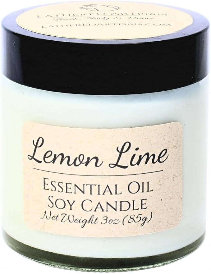 Lemon Lime Citrus Essential Oil Candle 3 oz, Hand Crafted Pure Soy Wax Candle with Wooden Wick, Spice Garnish, 23 Hour Burn Time, Natural Aromatherapy Glass Jar Candle with Lid by Lathered Artisan