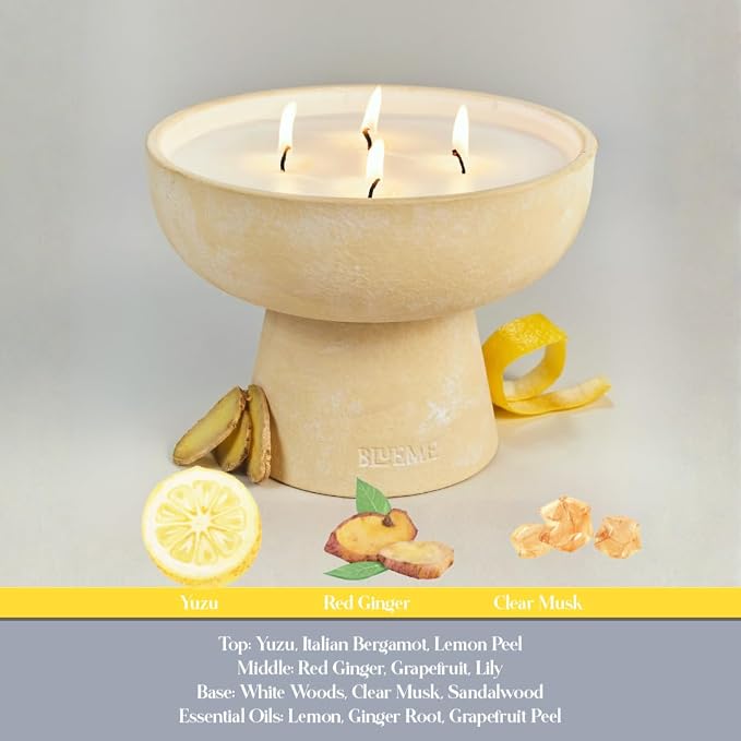 Blueme Happiness Candle | Yuzu & Ginger | 4 Wick - Refillable Wellness Candle with Essential Oils, Hand Finished & Poured Soy Wax Blend Ceramic Vessel, Natural Cotton Wicks | Large 24 oz