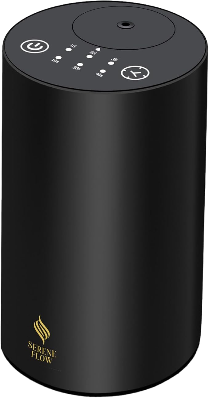 Waterless Essential Oil Diffuser, battery-operated cordless aromatherapy diffuser with timer & 3 mist levels. For car, home, office, yoga studio, nursery, bedrooms, and pet areas. Black aluminum alloy