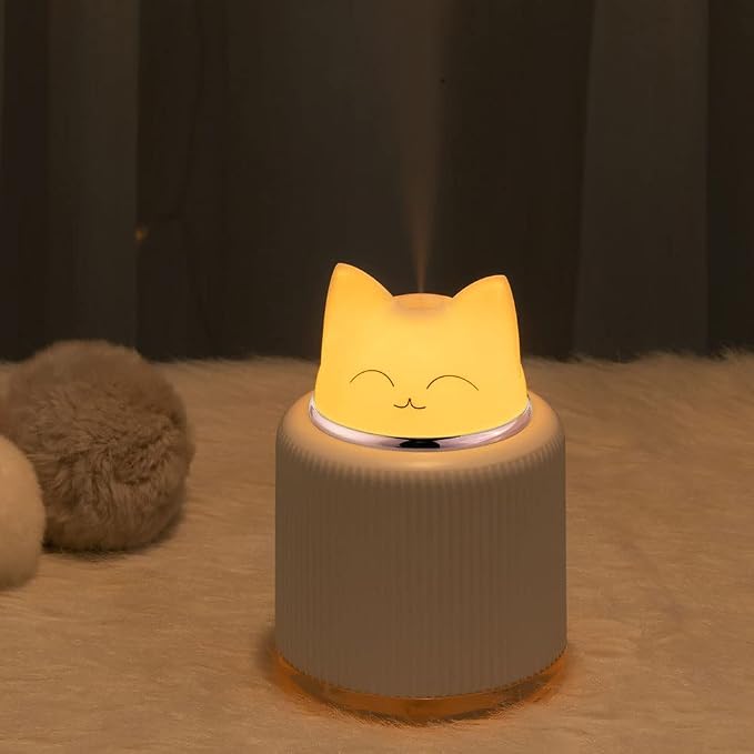 Mini Humidifier-Cute Cat Mist Humidifier for Kids Bedroom, Small Ultrasonic humidifier for Home Car Office with USB 2 LED Colors, Waterless Auto Shutoff, Quiet 300ml (Pink)