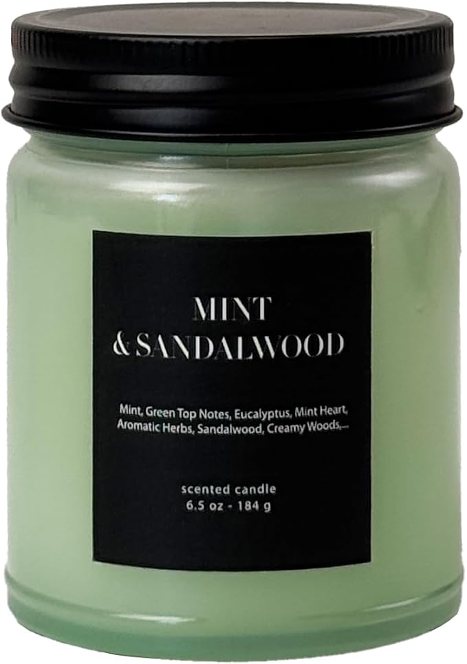 Mint & Sandalwood Scented Candle 6.5oz – CW Studio Color-Sprayed Glass Jar, Fresh Cool Mint & Warm Wood Aroma – Bathroom Kitchen Office Gift Candle, Mother's Day & Housewarming – 30-35 Hour Burn