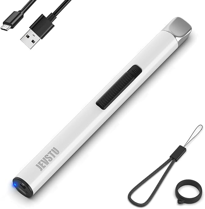Electric Lighter, Arc Windproof Flameless Plasma Lighter, Long Stick with Rope and Ring, Perfect for Candle BBQ Camping Kitchen Stove, White