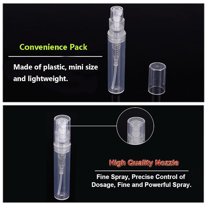 20 Pcs Mini Clear Plastic Spray Bottle Set (2ml, 3ml), With 20 Plastic Transfer Pipettes and 10 Funnels, Refillable Empty Travel Bottle Kit for Perfume, Essential Oils, Travel (50PCS)