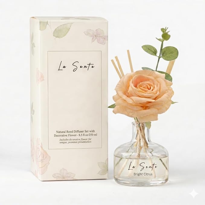 Bright Citrus Reed Diffuser Set 8.5oz (250ml) with Decorative Flower & Natural Reeds - Long-Lasting Flameless Home Fragrance for Bathroom, Bedroom, Office, & Gifts
