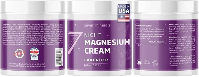 Seven Minerals Magnesium Cream for Sleep with All-Natural Lavender - Extra Strength Magnesium Lotion for Sleep, Pain & Stress - Relaxing Blend for Legs, Feet, Muscles, & Joints, 6 fl oz