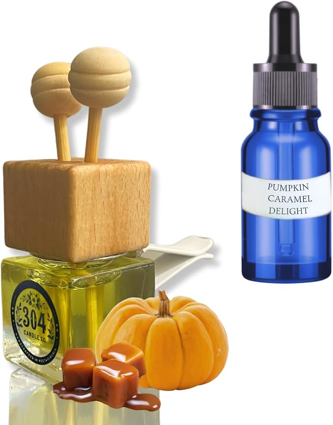 Cute Refillable Car Air Freshener Vent Clip 8mL – Pumpkin Caramel Delight – 15mL Refill Included – Long Lasting Fragrance Oil Diffuser – 100% American Handmade Odor Eliminator