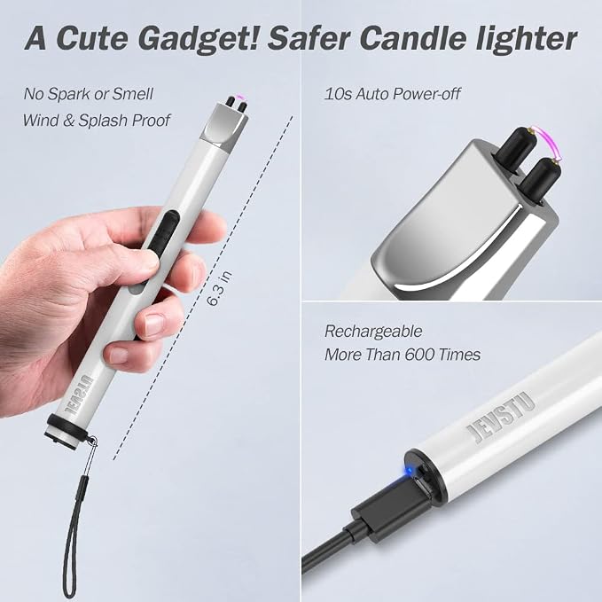 Electric USB Rechargeable Arc Plasma Electronic Windproof Flameless Long Lighter with Safety Switch Hook - White & Silver
