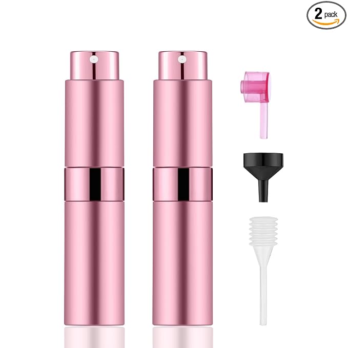 2 PCS/8ml Portable Mini Perfume Atomizer bottles, Empty Refillable Spray Bottle with 3 Types of Refill Tools, Pocket Travel Perfume Sample Bottles(Pink)