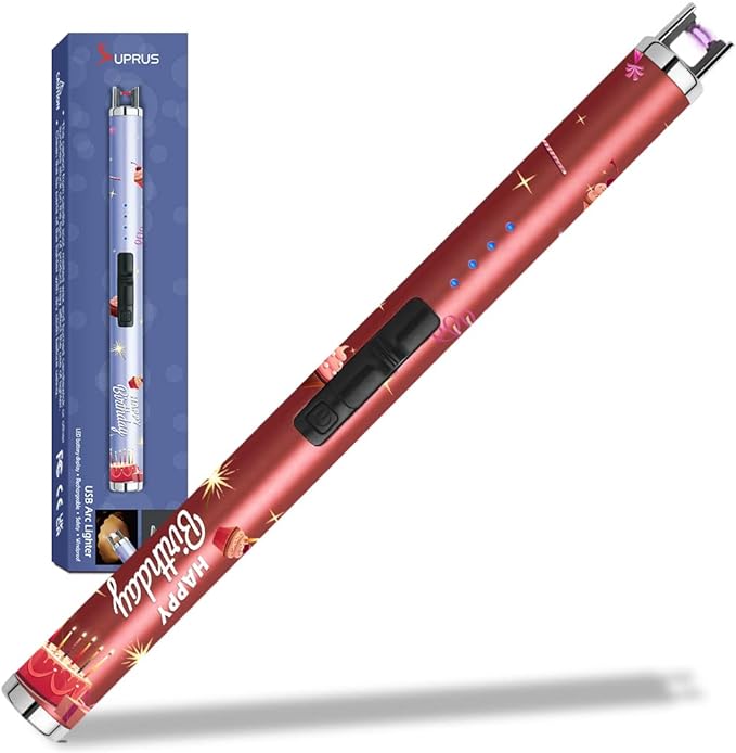 SUPRUS Candle Arc USB Lighter Electric Lighter with Upgraded LED Battery Display Safety Switch Rechargeable Flameless Plasma Windproof Portable for Birthday (Birthday Red)