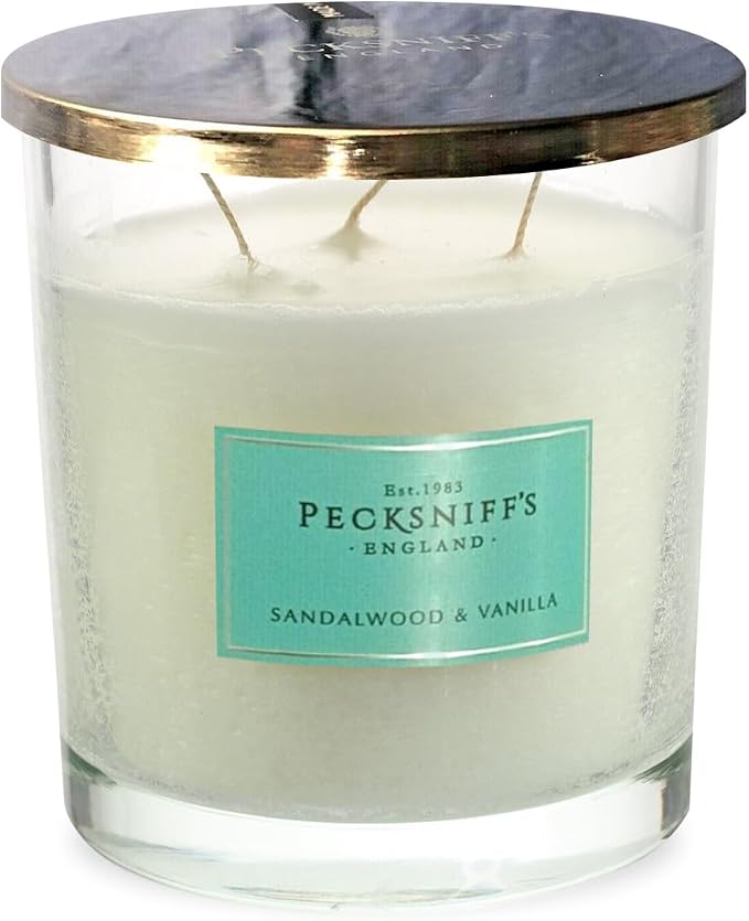 Pecksniff's Sandalwood & Vanilla 3-Wick Tall Candle | 550g/19.4oz | White Glass Vessel with Metal Lid
