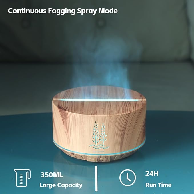 Ultrasonic Essential Oil Diffuser 500ml, Wood Grain Aromatherapy Diffuser with 7 Colors Flame Night Light, 32H Cool Mist for Home Bedroom Large Room Office