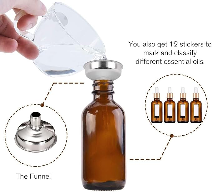 PrettyCare Set of 4, 1 oz Dropper Bottles with Golden Caps, Labels, Funnel & 2 Extra Dropper - 30 ml Thick Dark Amber Glass Empty Tincture Bottles for Personal Care & Beauty