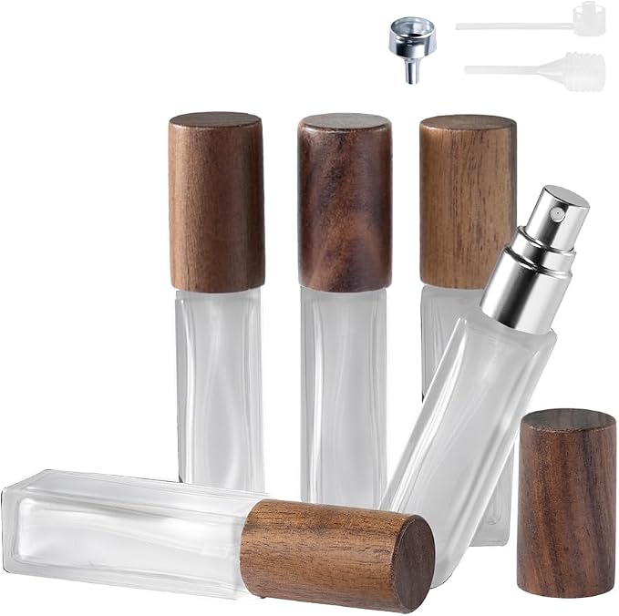 Perfume Atomizer, Glass Perfume Container,Travel Bottle Refillable, Empty Portable Leakproof Fragrance Spray Bottle (Walnut 5pcs 10ml/0.3oz)