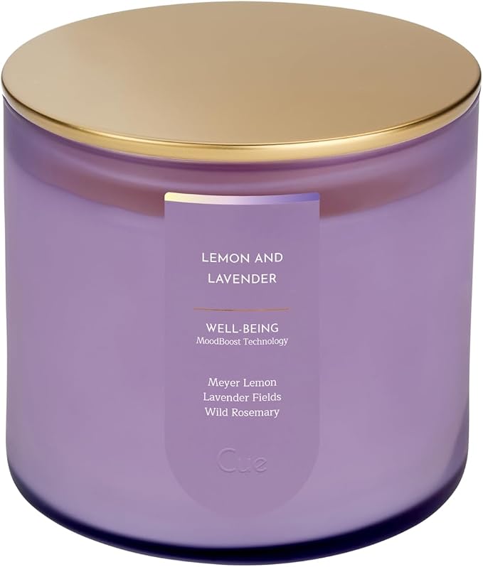 CUE Scented Candle |MoodBoost Essential Oils |OpenWick Clean Burning Candle | Soy Coconut Wax Blend | Candle for Home | Self-Care Gift for Women |Extended Burn Time (14oz, Lemon and Lavender)