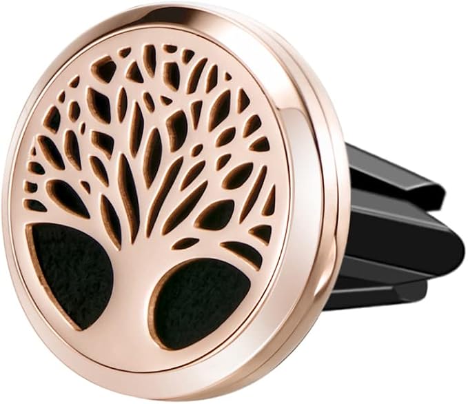 Wild Essentials Rose Gold Tree of Life Essential Oil Car Vent Diffuser, Stainless Steel Locket Pendant with 8 Color Refill Pads, Customizable Color Changing Air Freshener for Aromatherapy