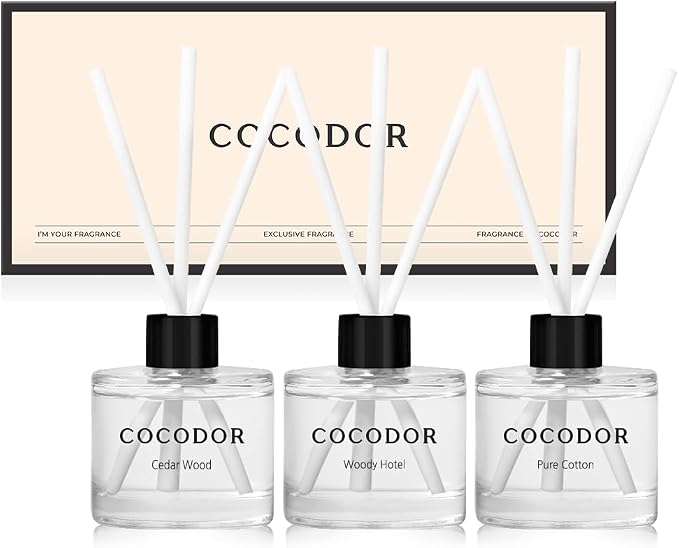 COCODOR Signature Collection Reed Diffuser Set of 3/Cedar Wood,Woody Hotel,Pure Cotton/1.6oz Each Pack/Home Fragrance Diffuser, Oil Scent Diffuser for Bathroom Shelf Decor Set