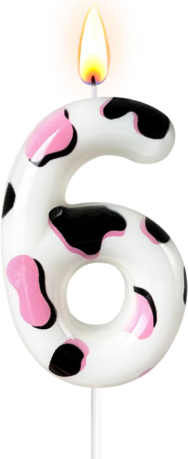 Number 6 Birthday Candle for Cake – Cow Print Design in White Black Pink – Farm Theme & Cowgirl Party Cake Topper Decoration