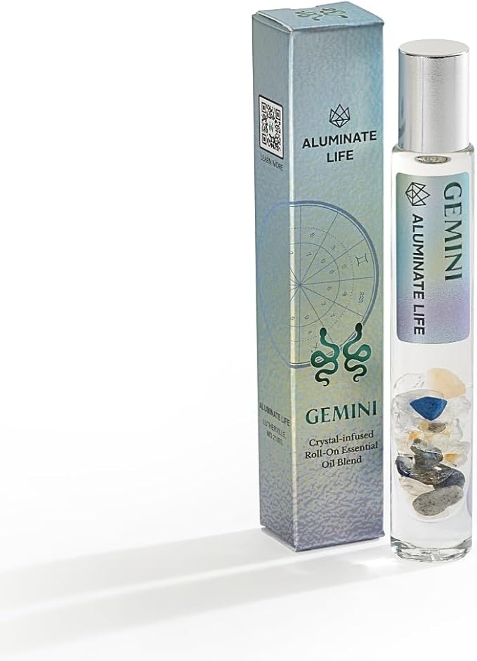 Gemini Zodiac Crystal-Infused Essential Oil Rollerball, Aromatherapy Blend - Clarity & Creativity, Premium Astrology Sign Birthday Gift, Natural Therapeutic Roller, 10 mL