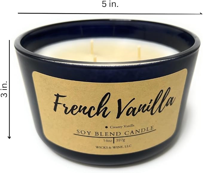 Wicks & Wine Soy Blend 3-Wick Cotton CORE Candle 14oz (French Vanilla)
