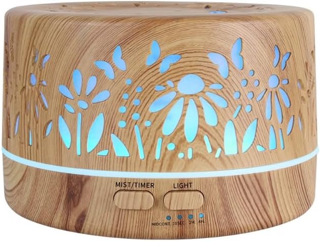 Wild Essentials 700ml Designer Large Room Essential Oil Diffuser, 5 in 1 Ultrasonic Aromatherapy Vaporizer Cool Mist Humidifier, Home, Office Bedroom, Timer, Auto-Off, 7 Color LED (Light Wood Flowers)