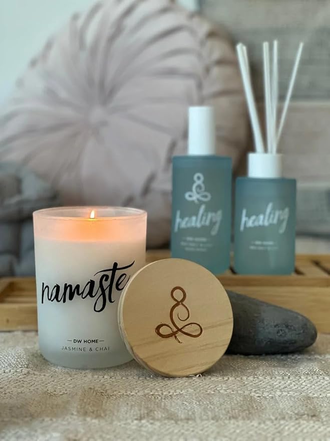 DW Home Namaste | Jasmine & Chai Scented Candle for Home, 7.5 oz, Medium Single Wick Candle Jar, Up to 40H Burn Time, Luxury Scented Candle for Relaxation, Gifting, Home Decor