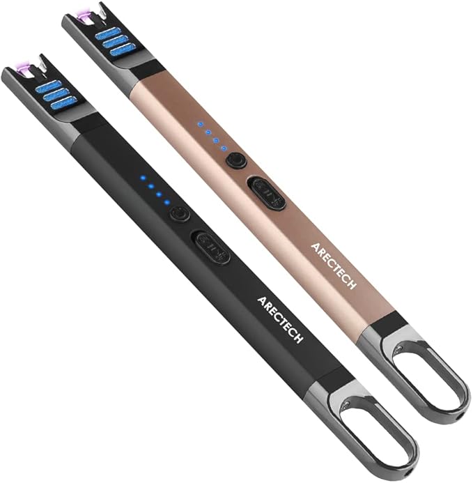 ARECTECH Electric Candle Lighter Rechargeable USB Long Lighter for Candle Cooking Camping BBQs Fireworks (Black & Champagne Gold, Pack of 2)