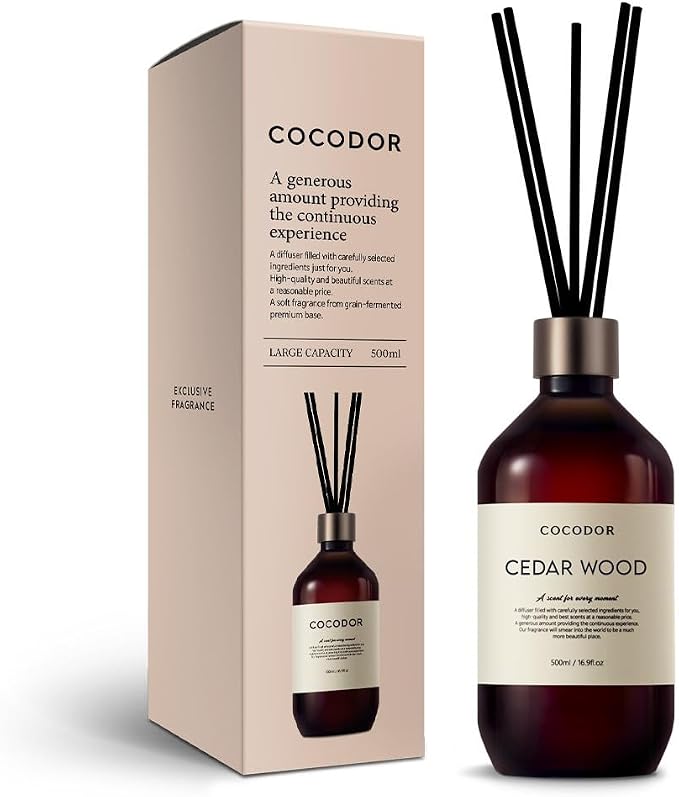 COCODOR Premium Reed Diffuser/Cedar Wood /16.9oz /1 Pack/Large Capacity Fragrance Scent Oil Stick Diffuser Set for Bedroom Bathroom Home Décor