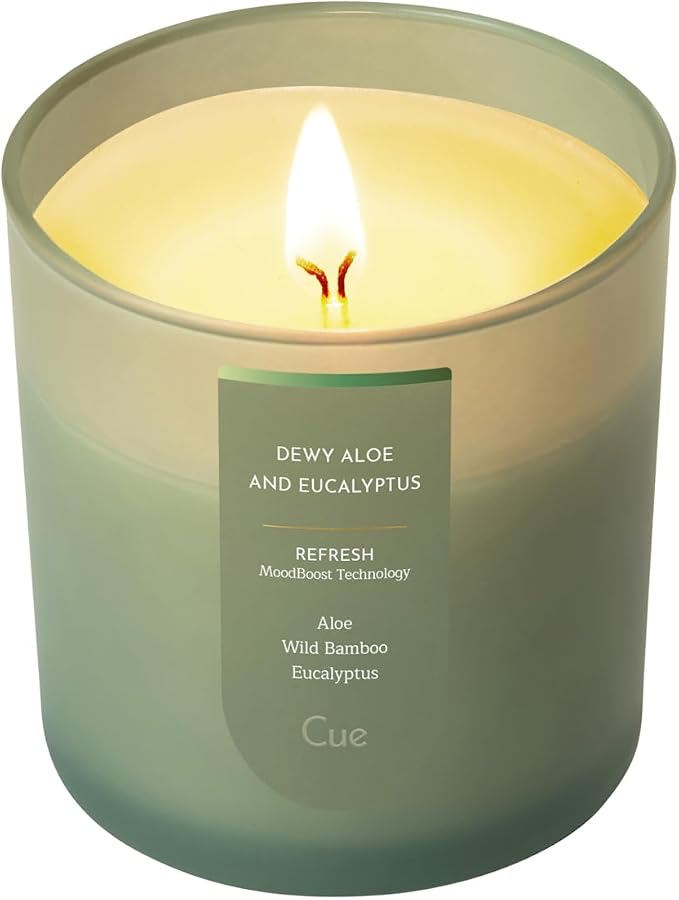 CUE Scented Candle |MoodBoost Essential Oils |OpenWick Clean Burning Candle | Soy Coconut Wax Blend | Candle for Home | Gift |Extended Burn Time (8.5oz, Dewy Aloe and Eucalyptus)