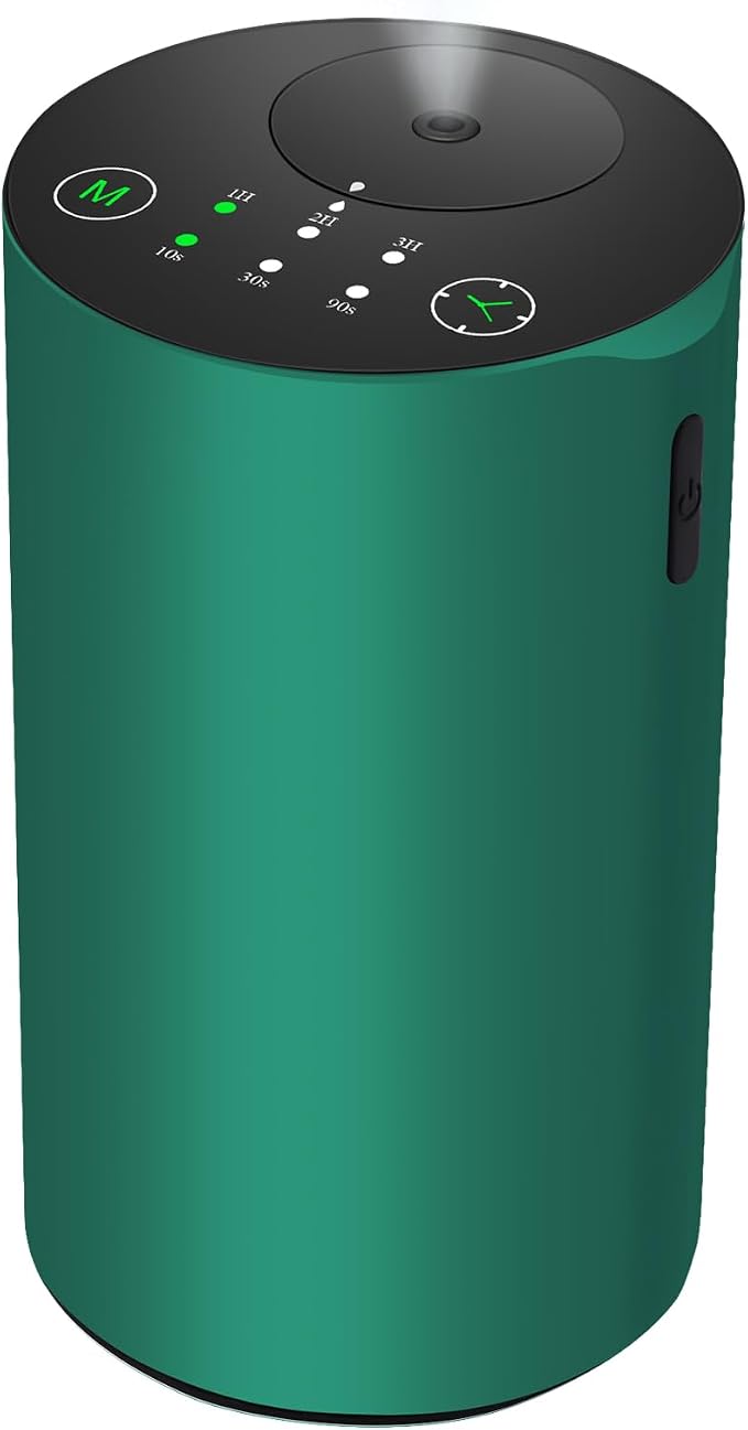 Waterless Essential Oil Diffuser, Battery Powered Mini Scent Air Machine, Aromatherapy Mist Diffuser for Home Room Car Office，Black Aluminum Alloy (Green)