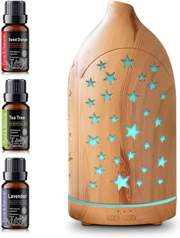 Essential Oil Diffuser,7.1''x3.5'' Diffusers with 3 Aromatherapy Oils Set,Small 200ml Desk Humidifier with 7 LED Colors Night Lights,Waterless Auto-Off for Office Home Decor Gift (Star)