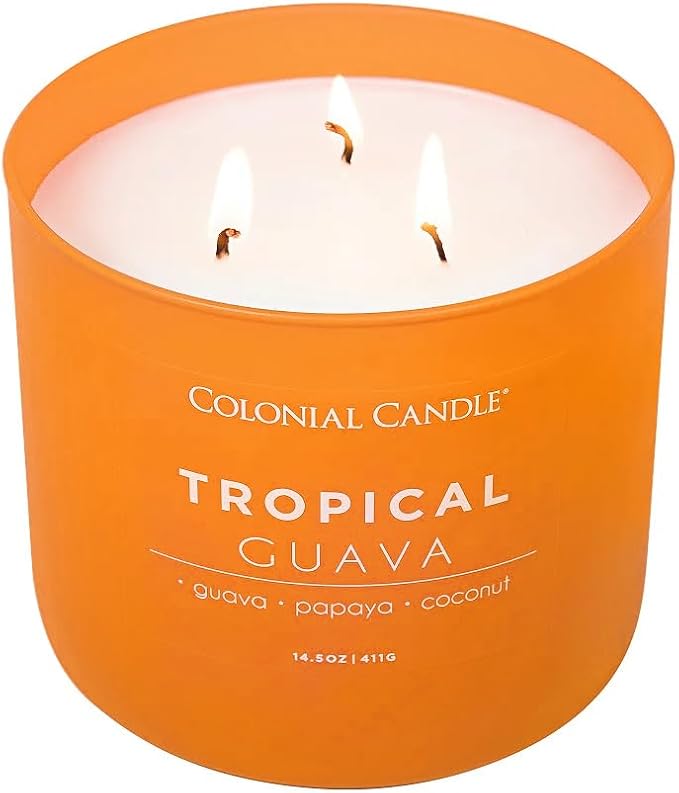 Colonial Candle Tropical Guava Scented Jar Candle, Pop of Color Collection, 3 Wick, 14.5 oz - Up to 60 Hours Burn