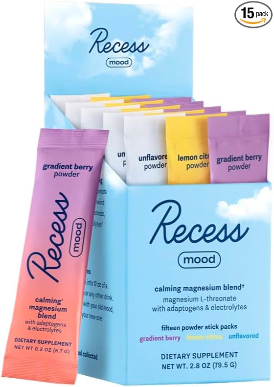 Recess Mood Powder, Magnesium L-Threonate Blend with Passion Flower, L-Theanine, Electrolytes, Magnesium Calm Support Powder Supplement -Sampler Pack, Pack of 15