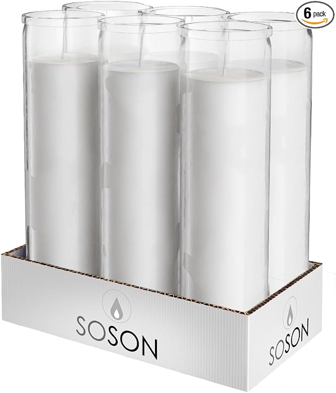 Simply Soson 2x8 inch White Devotional Candles in Glass Jar - 6 Pack - 90 Hours – Prayer Candle - Tall Pillar Candles for Religious, Memorials, Party Decor