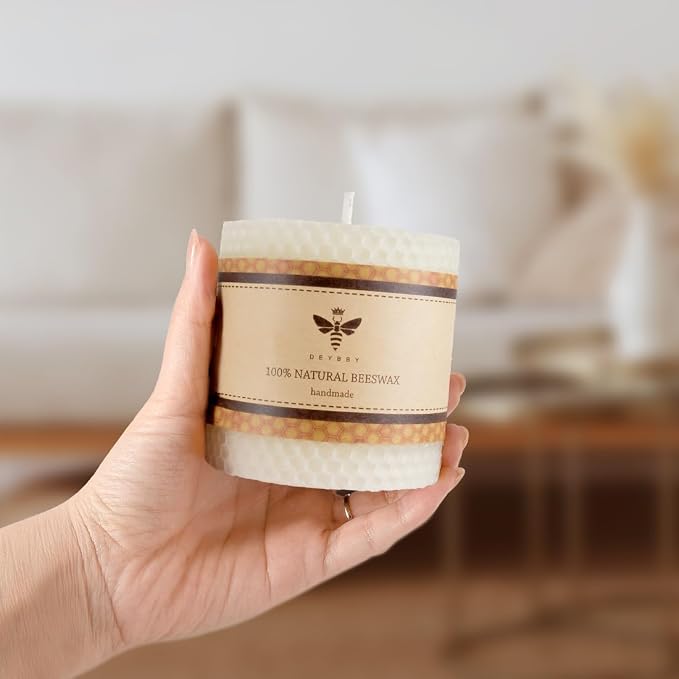 DEYBBY Natural White 3×3 in Beeswax Pillar Candle - Handmade Pure Organic Beeswax Honeycomb Rolled Candle for Home Study Decor Housewarming Gift