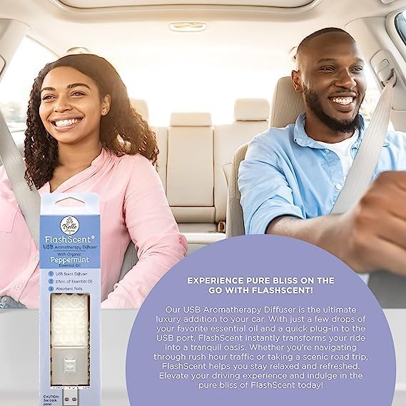 Belle Aroma® FlashScent™ Aromatherapy Diffuser USB – Portable Essential Oil Diffuser for Car, Office Desk & Travel – Waterless Mini Air Diffuser Kit with Peppermint & Lavender Oil & 7 Refill Pads