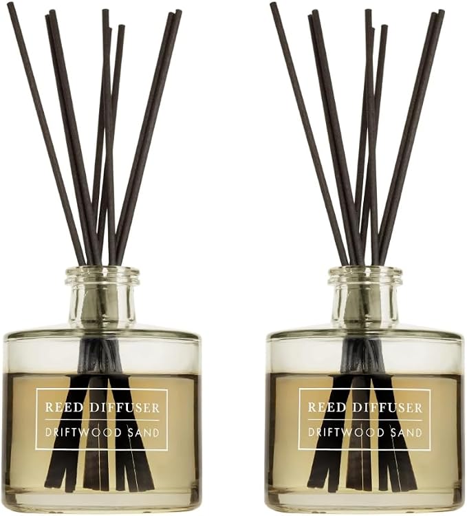 Bellevue Reed Diffuser, 6 fl oz Glass Filled Diffuser, Highly Concentrated Fragrances with Essential Oils, Home Fragrance, Scent:Driftwood Sand (Pack of 2)