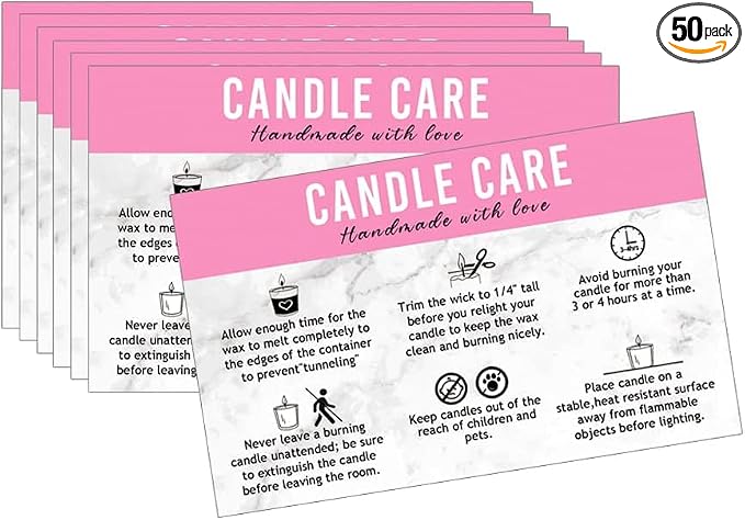 Handmade Candle Care Instruction Card, Card, for Makers Soy Bees Wax Coconut Essential Oils Black with White, 50 Pack 3.5 x 2 inches (Pink)