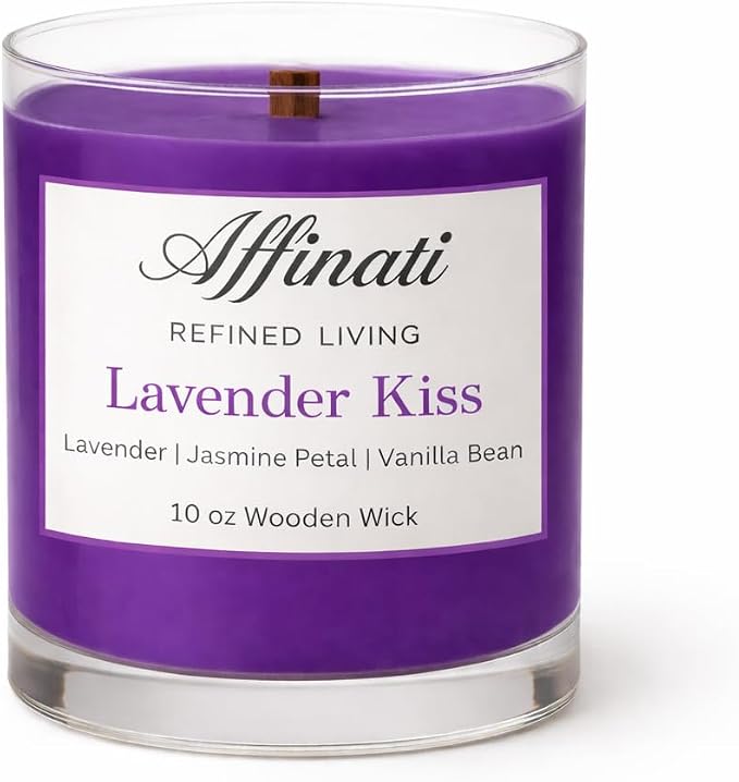 Affinati Lavender Kiss Scented Candle, 10 oz Wooden Wick Tumbler Jar – Calming French Lavender Aromatherapy for Sleep, Relaxation Soy Gift