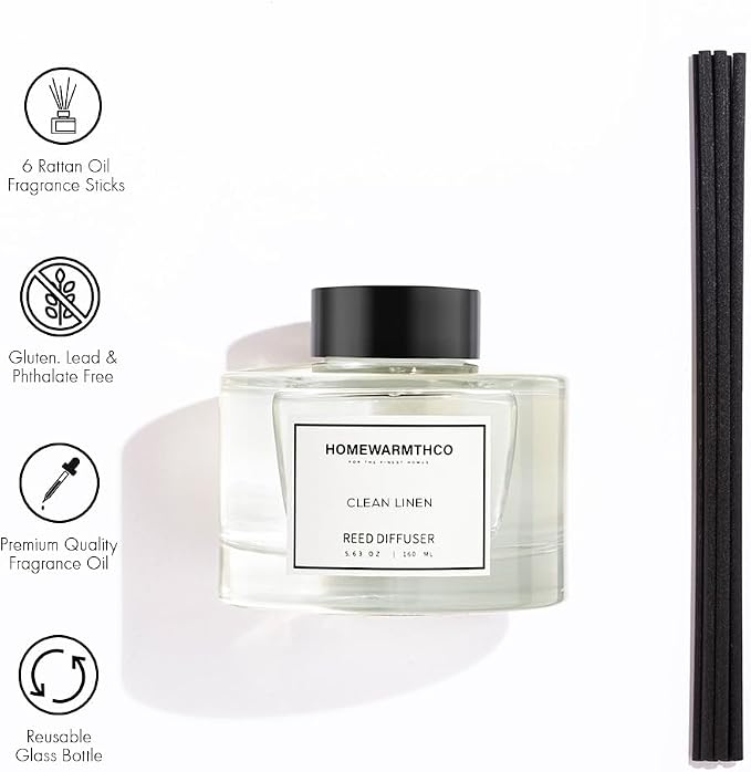 Clean Linen Reed Diffuser Set - Luxury Fragrance Reed Diffusers for Home. Office, Bathroom, Kitchen and Home Decor - Long-Lasting Scent with Non-Toxic Oils (5.63 oz, 160ml)