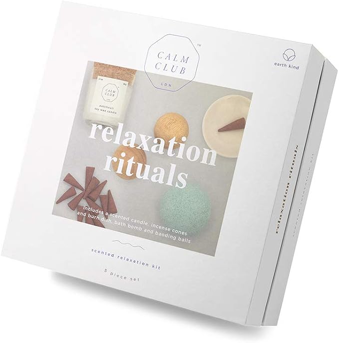 Calm Club | Scented Relaxation Rituals Kit | Scented Candles & Incense Cones | Relaxing Bath Bombs | Self Care Relaxing Gifts for Women | Baoding Stress Balls for Adults |