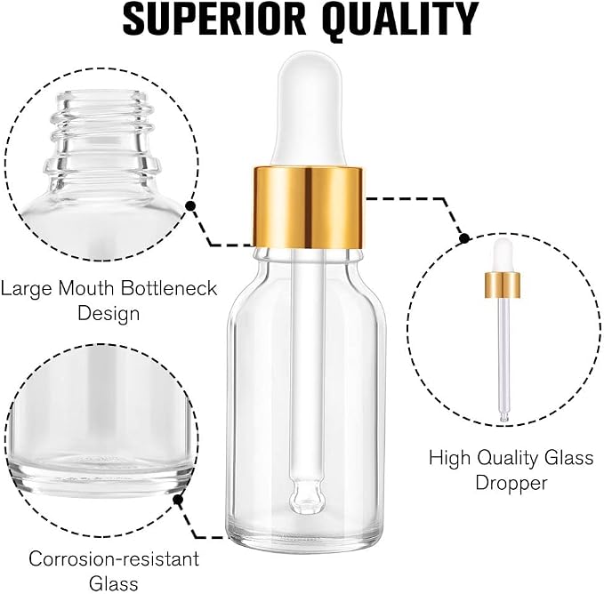 PrettyCare Glass Eye Dropper Bottles 24 Pack, 0.5oz (15ml) Clear Empty Thick Bottles Bulk with Leakproof Golden Caps - With Labels & Funnels for Storage, Travel, Essential Oils, Cuticle, Tinctures