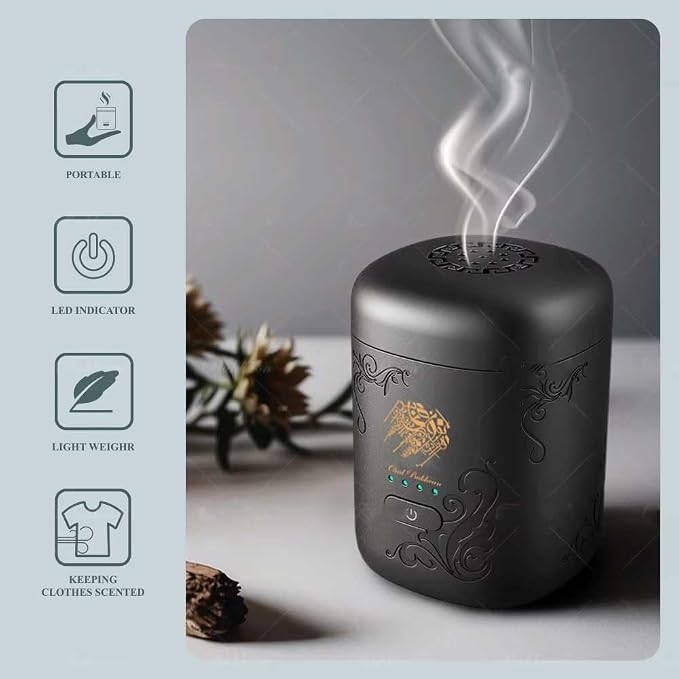 Mini Portable USB Smart Incense Burner, Rechargeable Arabic Oud Burner, Electronic Bukhoor Diffuser with LED Battery Indicator, Compact Aroma Diffuser for Home, Office, Car (Black)