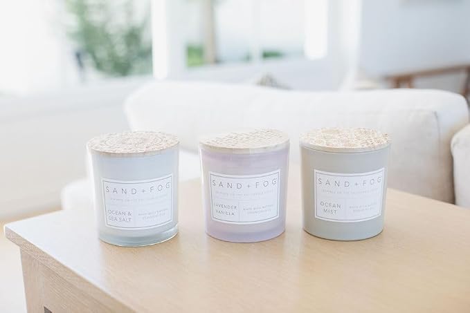 Sand + Fog Scented Candles - Ocean & Sea Salt - Additional Scents and Sizes - 3 Wicks 100% Cotton Lead-Free - Luxury Air Freshening Jar Candles - Perfect Home Decor - 21 oz
